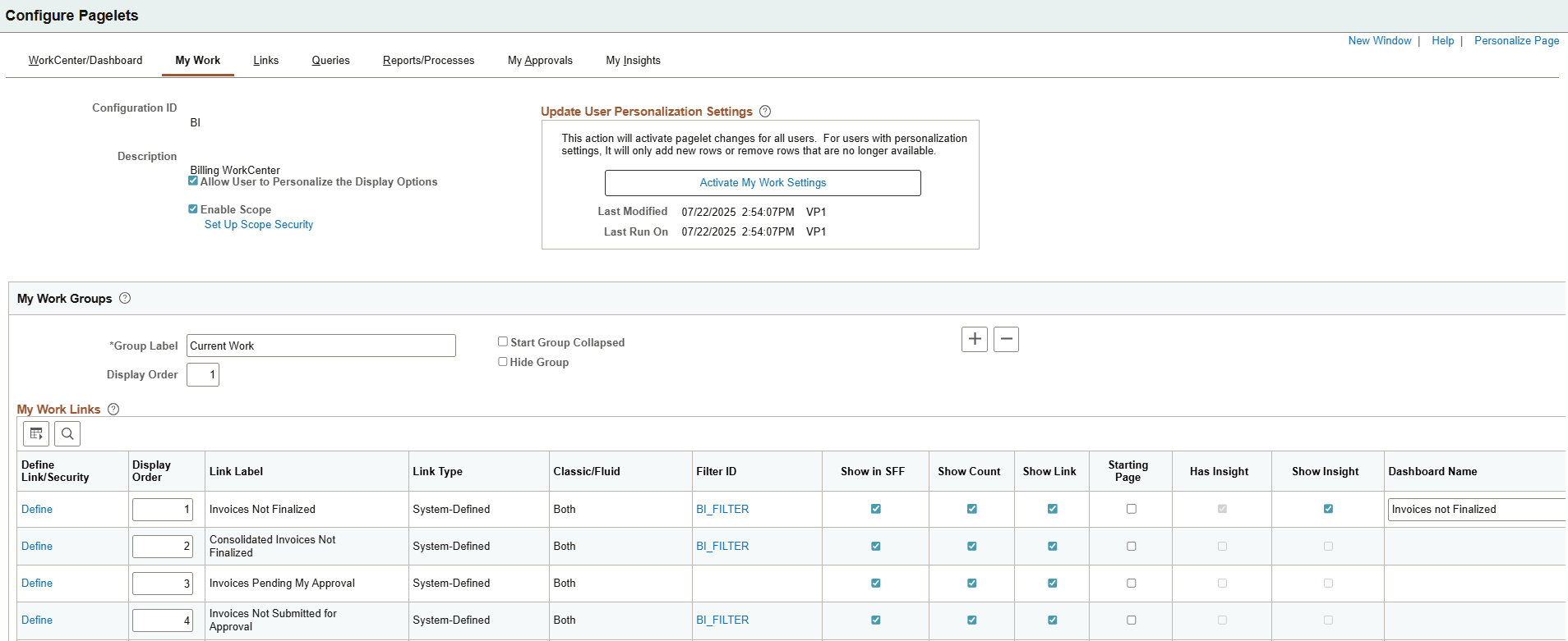 Configure Pagelets - My Work page