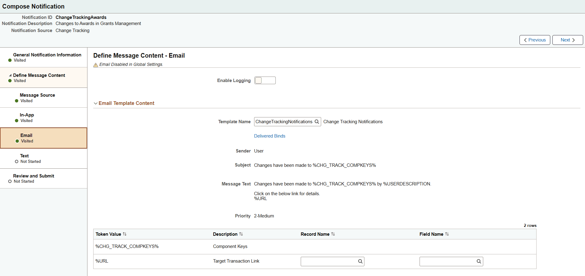 Compose Notification - Define Message Content - Email page (Change Tracking)