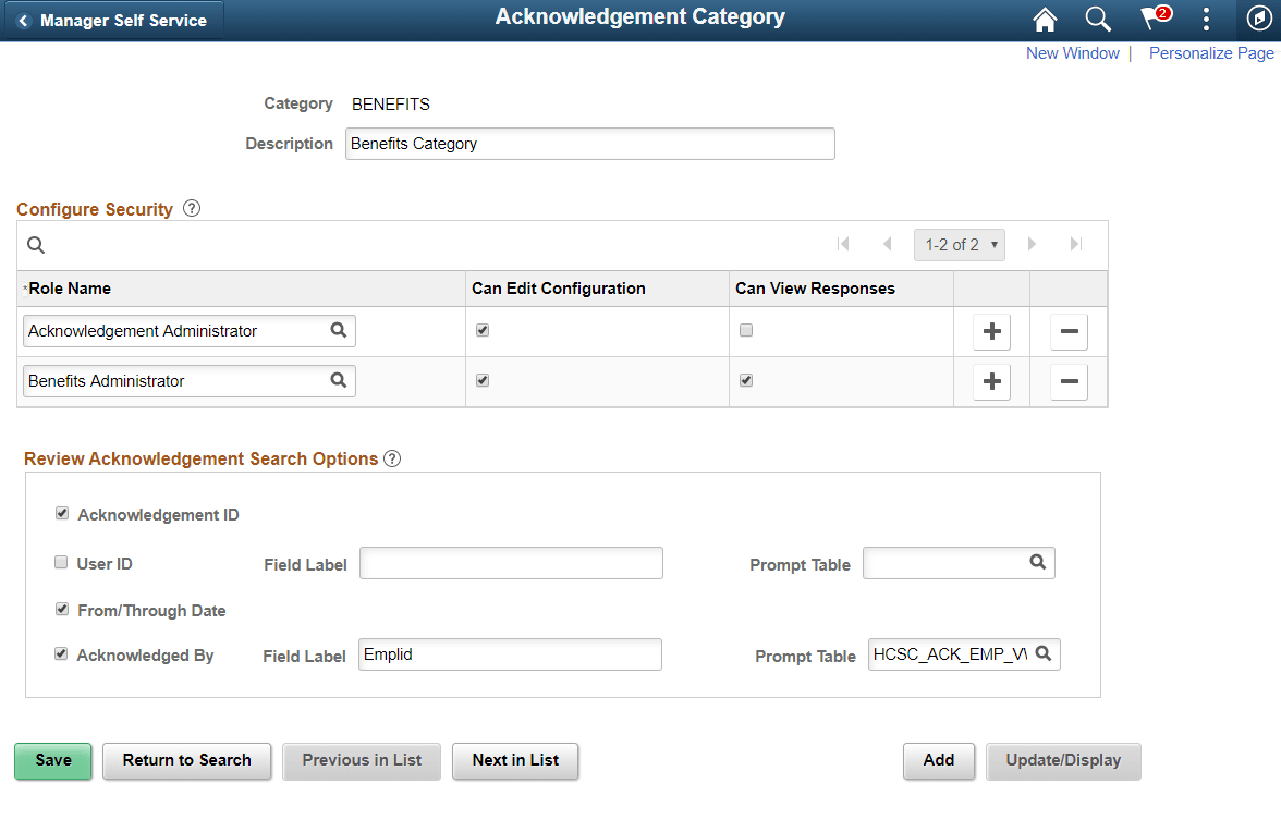 Acknowledgement Category page.
