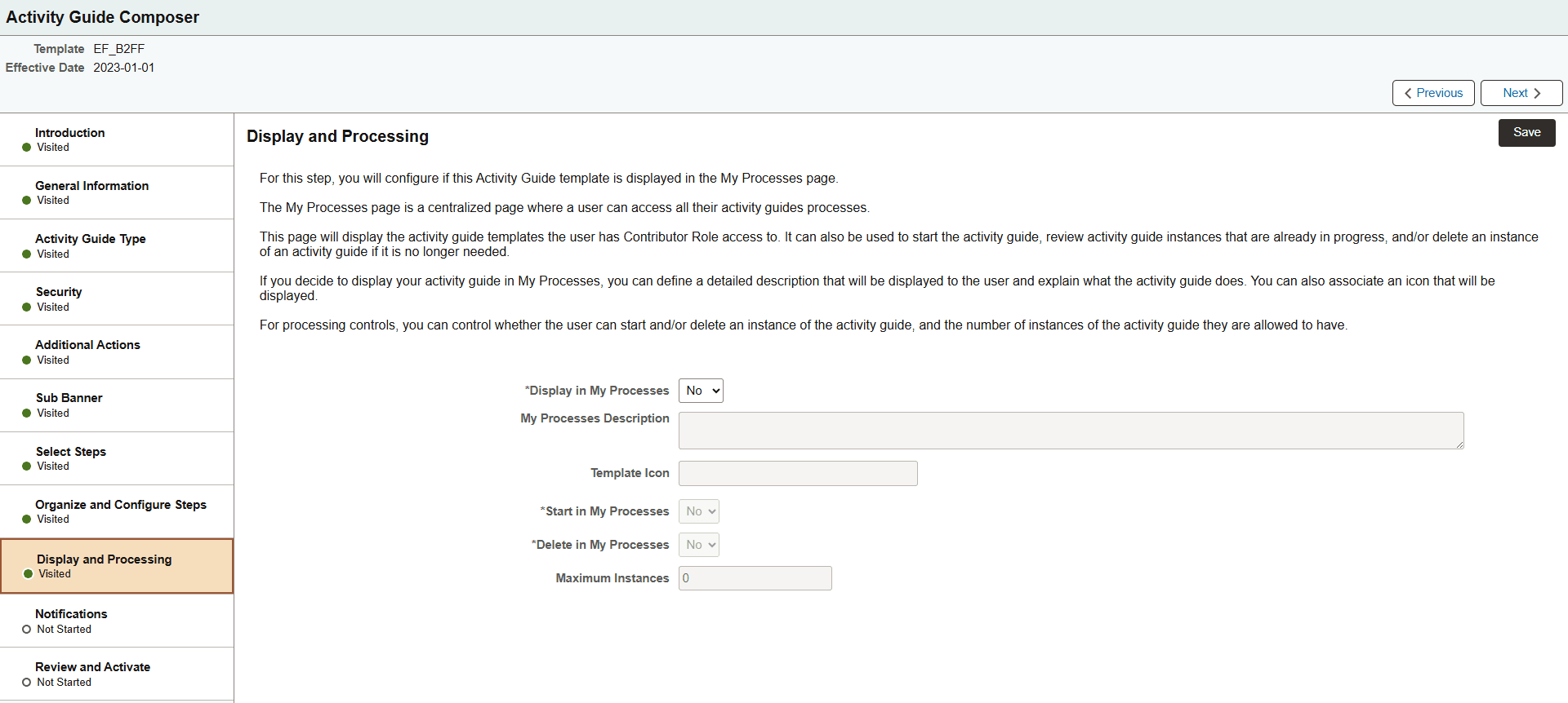 Activity Guide Composer - Display and Processing page