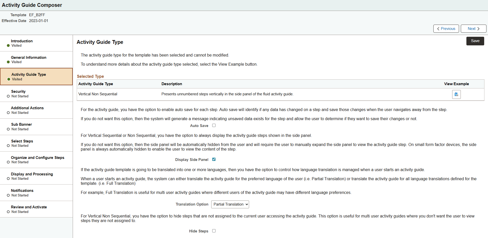 Activity Guide Composer - Activity Guide Type page for an existing template