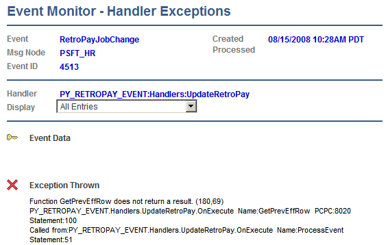 Event Monitor-Handler Exceptions page