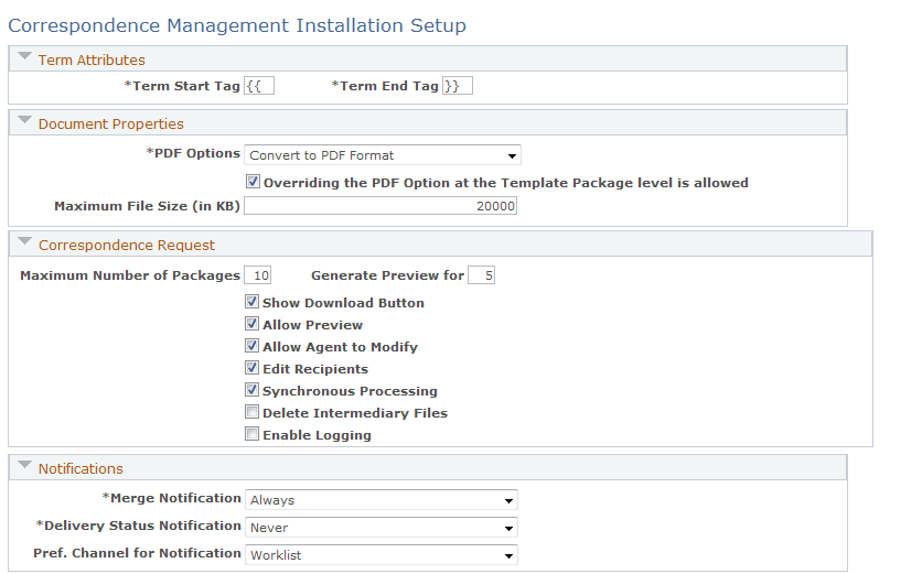 Correspondence Management Installation Setup page (1 of 2)