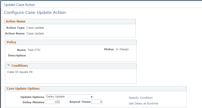 Configure Case Update Action page (1 of 3)
