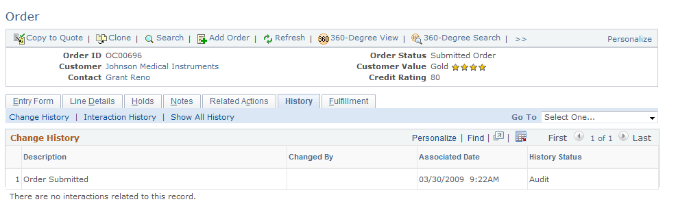 Example of a subtab section in the Order - History page (RO_HISTORY)
