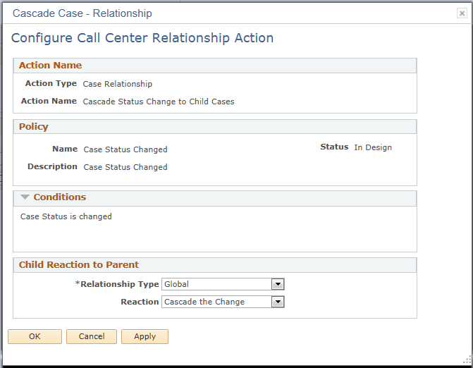 Configure Call Center Relationship Action page