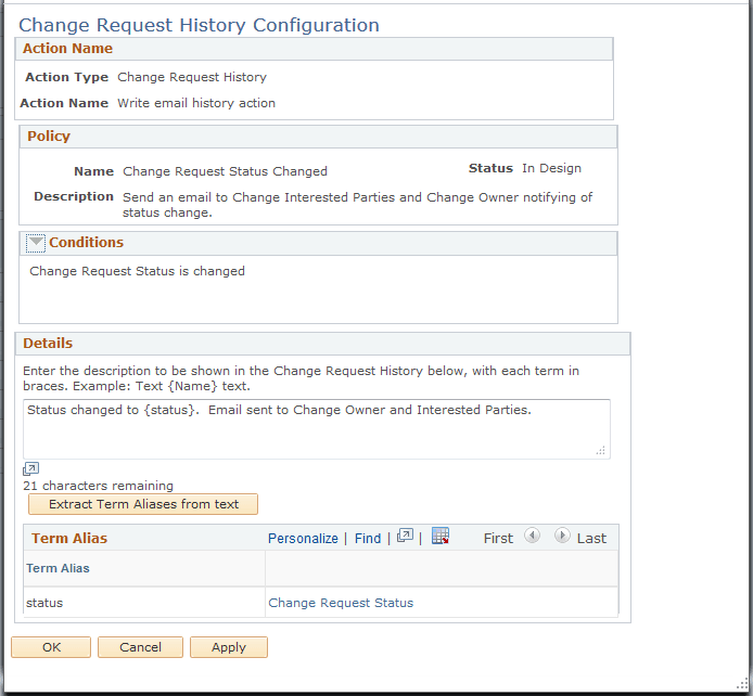 Change Request History Configuration page