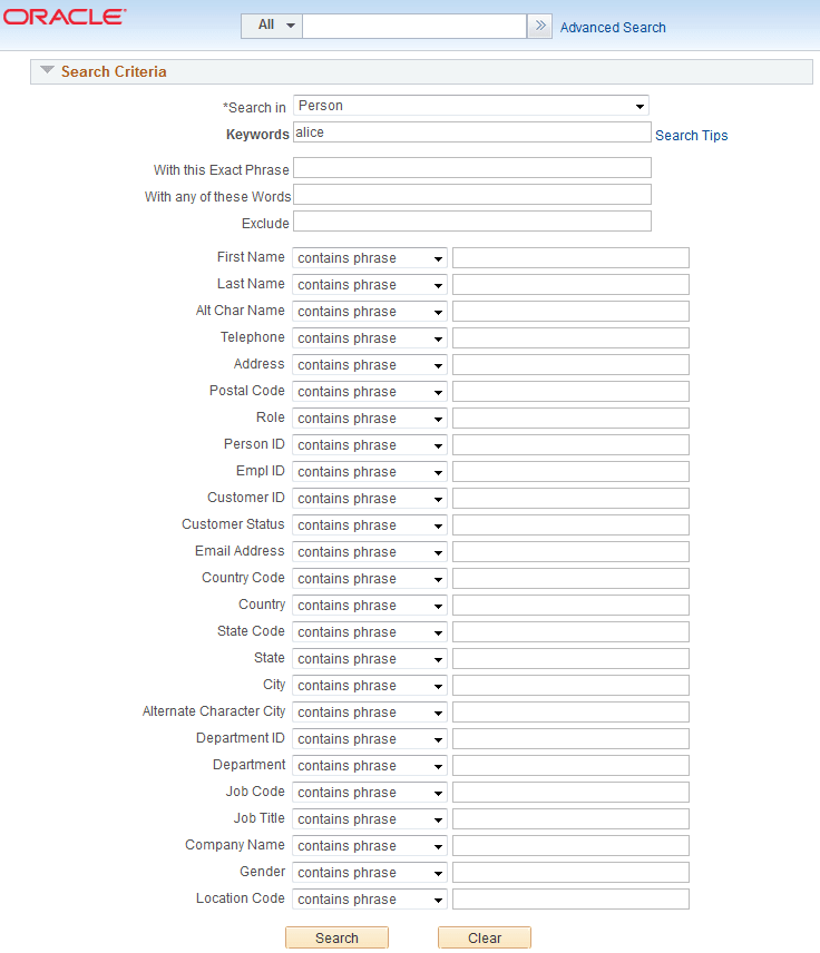Advanced search options for the Person search category in Global Search