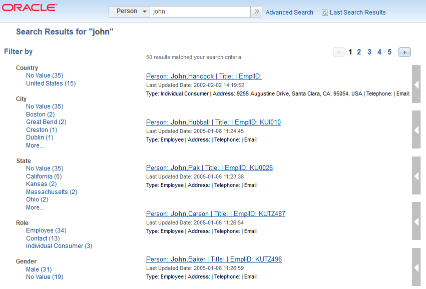 Global Search display with facets on the left side of the search result page
