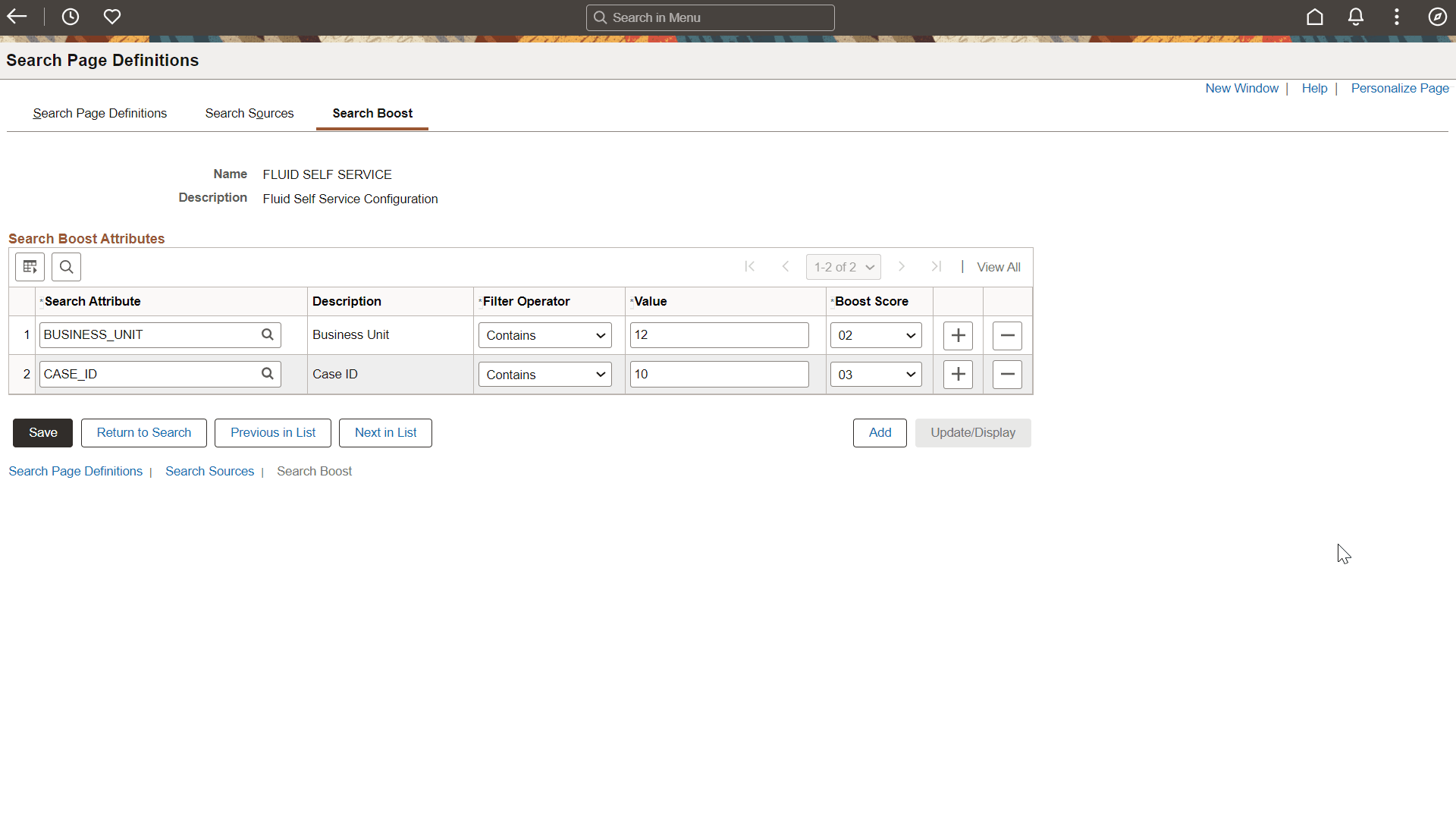 Search Boost Definition page