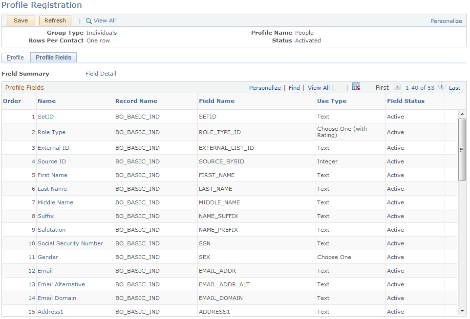Profile Registration - Profile Fields page