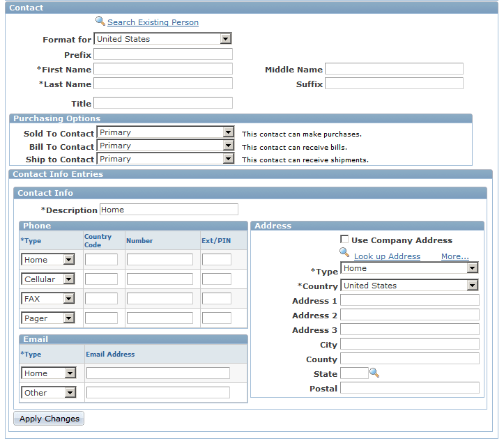 Example of creating company contacts on the Creating Company with Contact page (2 of 2)