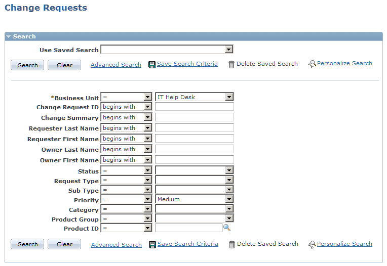 Change Requests search page (1 of 2)