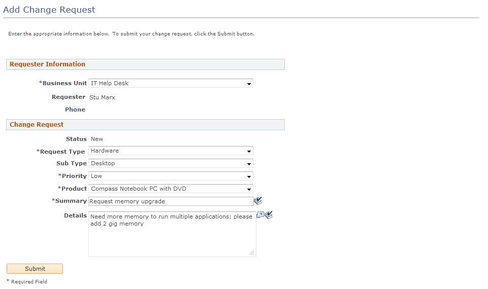 Add Change Request page