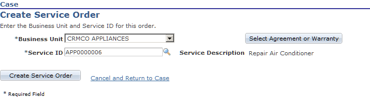 Create Service Order page