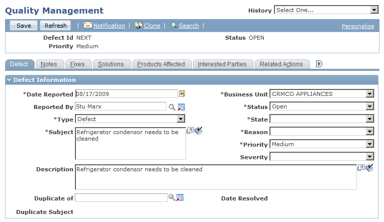 Quality Management - Defect page (1 of 2)