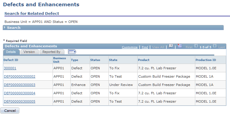 Defects and Enhancements page