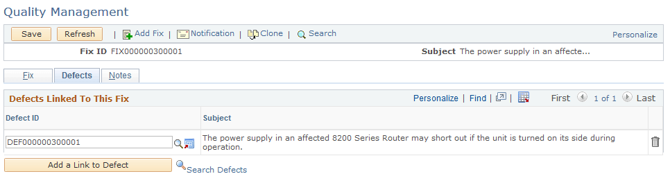 Quality Management - Defects page
