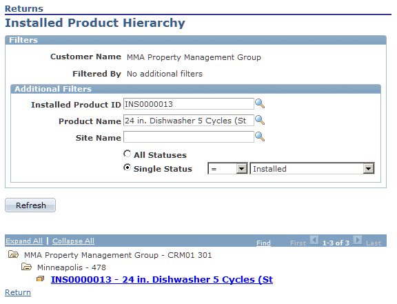 Returns - Installed Product Hierarchy page