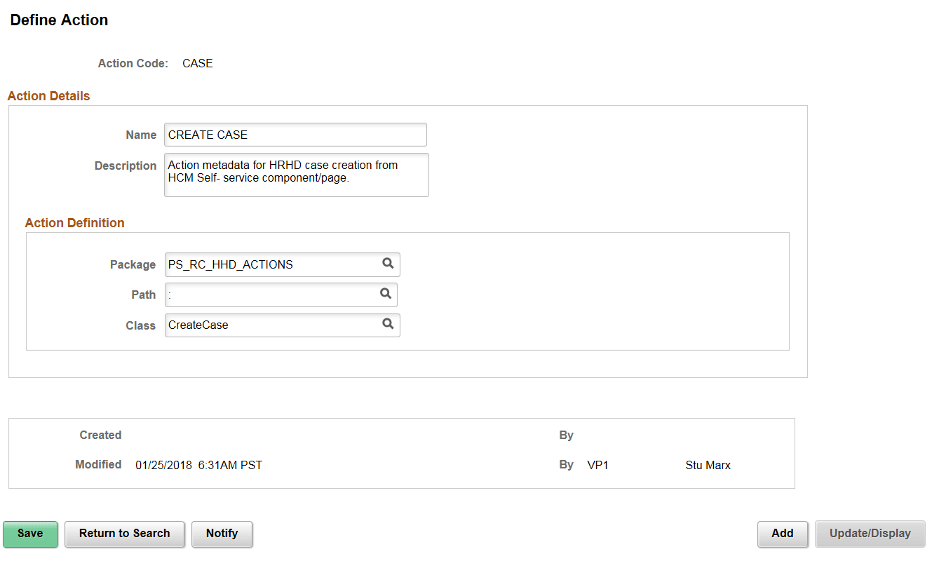 Action Configuration page