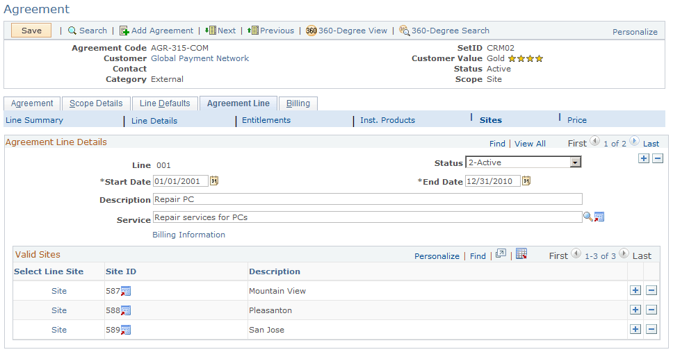 Agreement Line - Sites page
