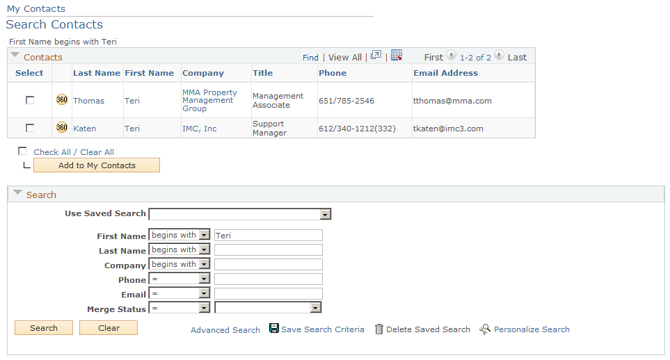 Search Contacts page