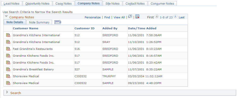 Notes List - Company Notes page: Note Details tab