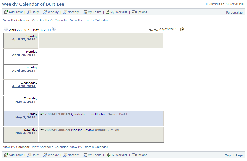 <>Weekly Team Calendar of <Name> page