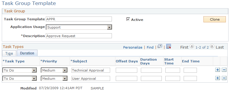 Task Group Template - Duration page