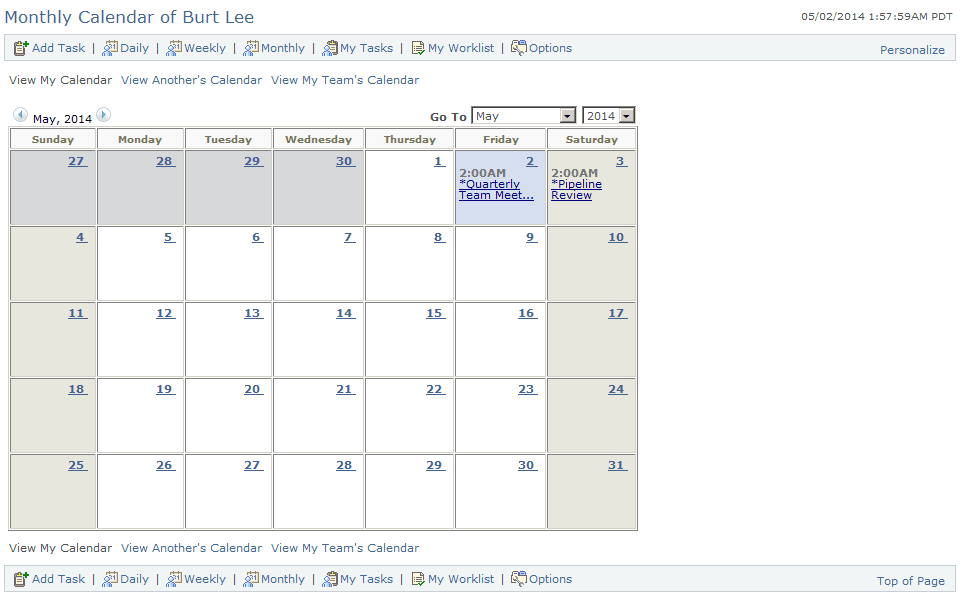 <>Monthly Team Calendar of <Name> page
