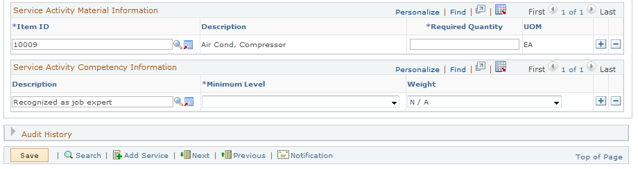 Service - Service Activities page (2 of 2)