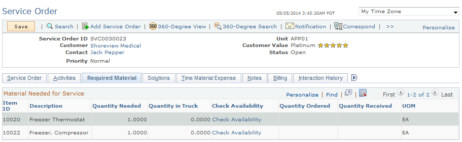 Service Order - Required Material page