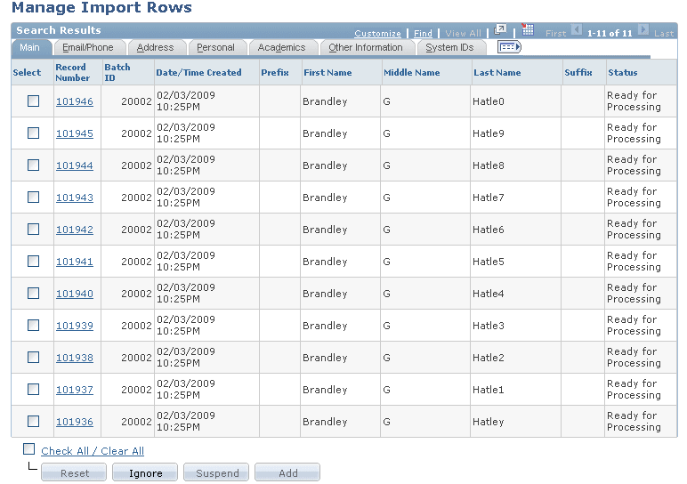 Manage Import Rows page