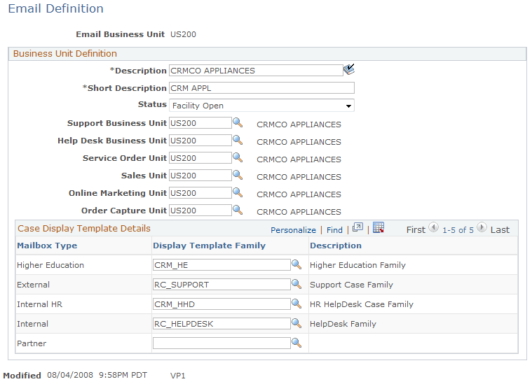 Email Definition page