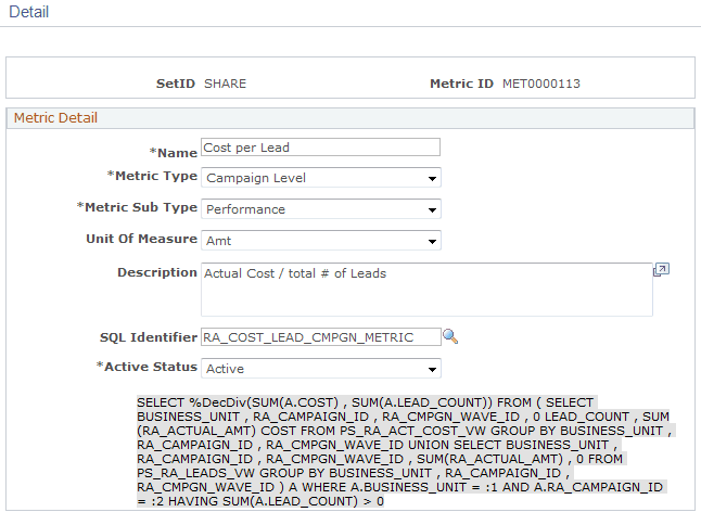 Performance Metric Detail page