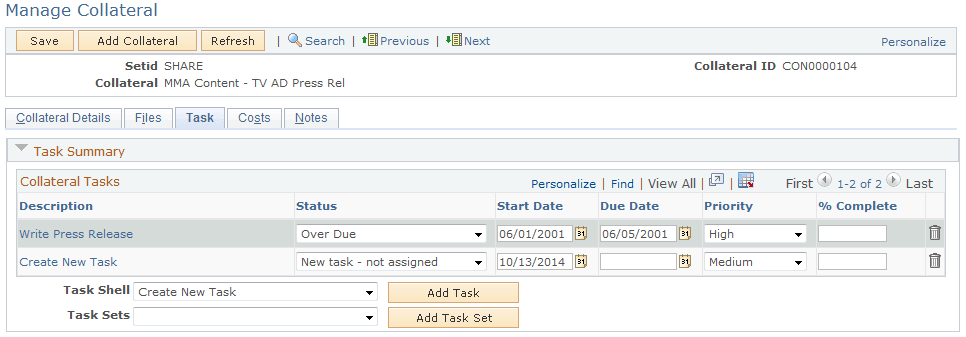Manage Collateral - Task page (1 of 2)