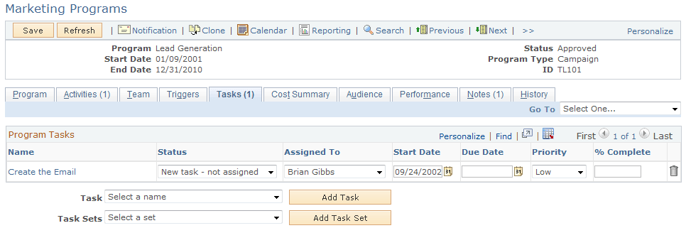 Marketing Programs - Tasks page