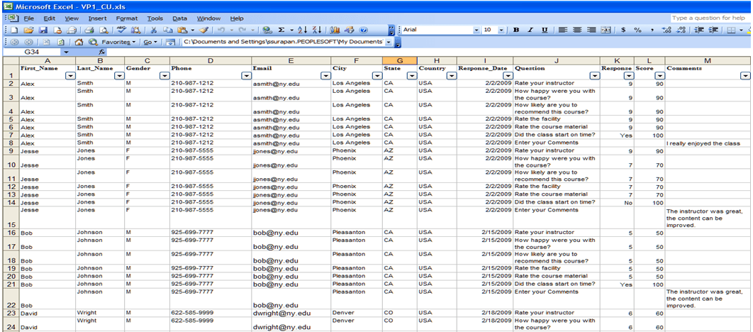 Example of dialog results in XML file imported into Excel