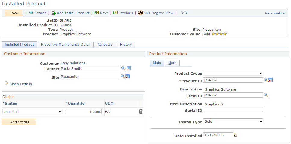 Installed Product - Installed Product page (1 of 2)
