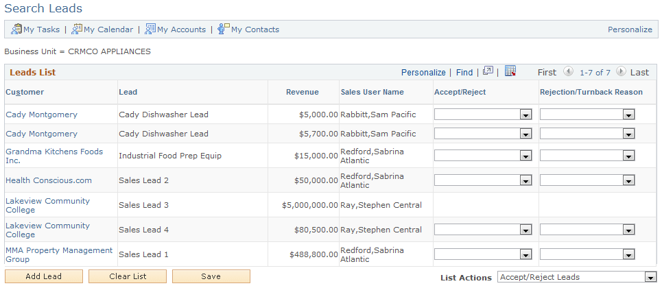 Search Leads page (accept/reject leads action)