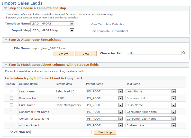 Import Sales Leads page (1 of 2)
