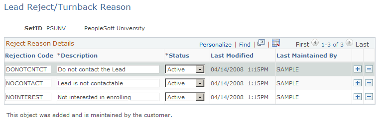 Lead Reject/Turnback Reason page