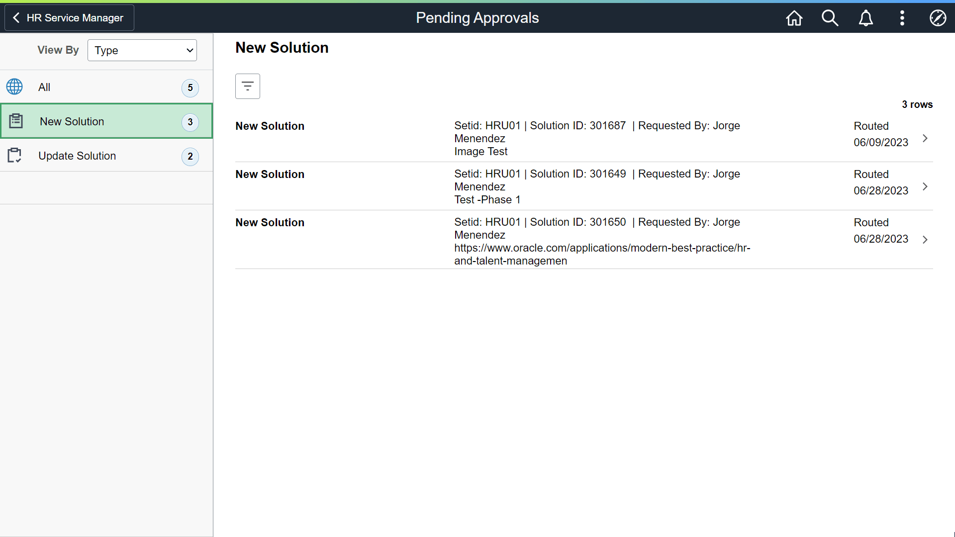 Pending Approvals New Solution page