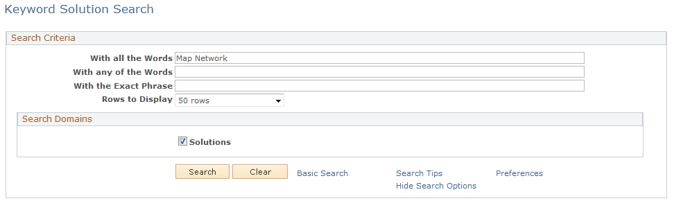 Keyword Solution Search page