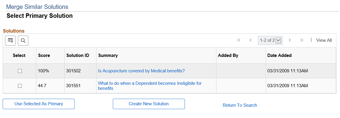 Select Primary Solution page