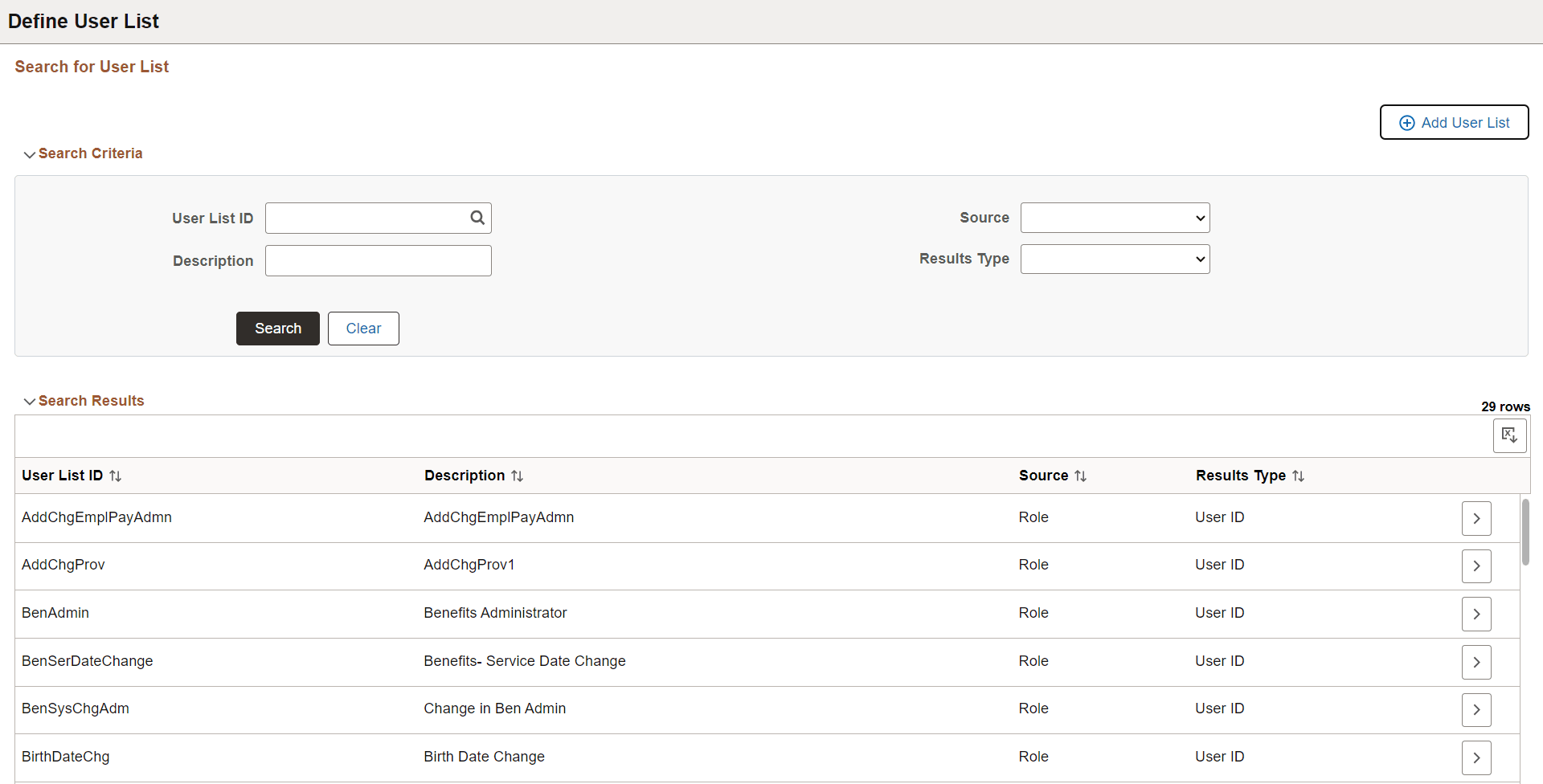 Define User List page