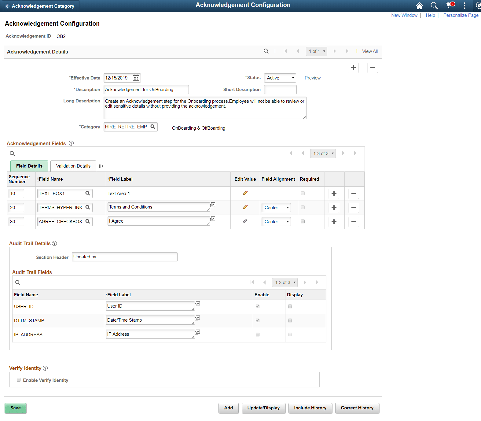 Acknowledgement Configuration page.