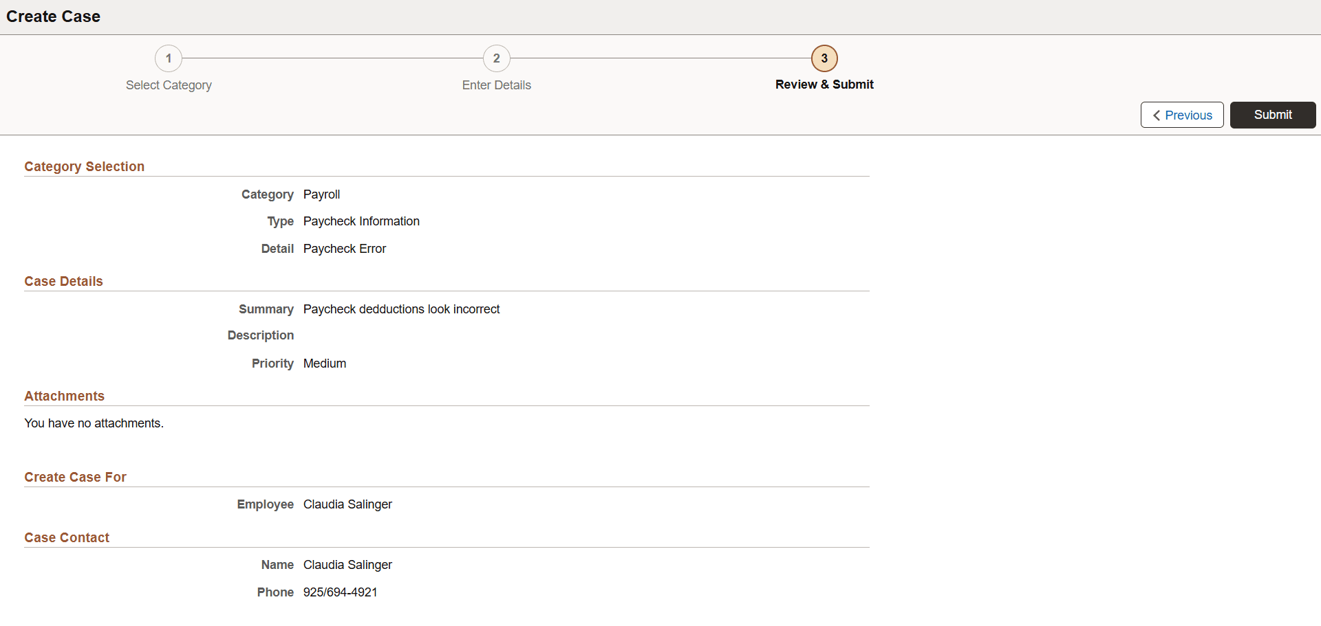 Create a HR HelpDesk case on the Create Case page
