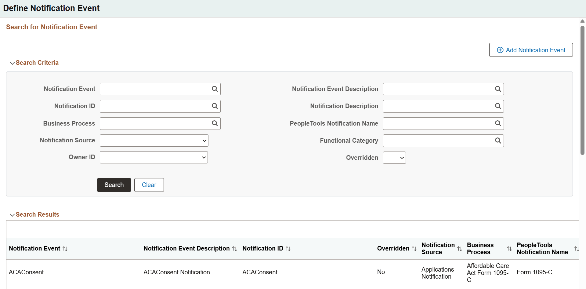 Define Notification Event page