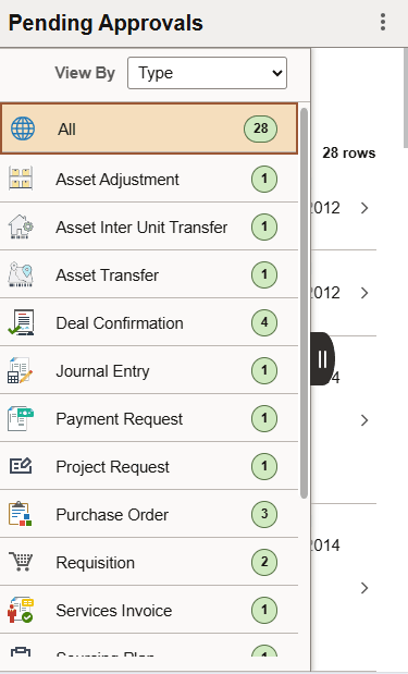 (Smartphone) List of transaction categories on the Pending Approvals page
